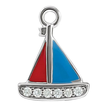 Petite Pavé® .025 CTW Natural Diamond Blue & Red Enamel Sail Boat Dangle