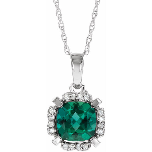 14K White Gold Lab-Grown Emerald & .04 CTW Natural Diamond 18" Necklace