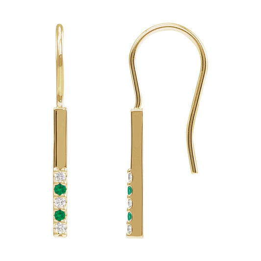 14K Yellow Gold Natural Emerald & .08 CTW Natural Diamond Bar Earrings