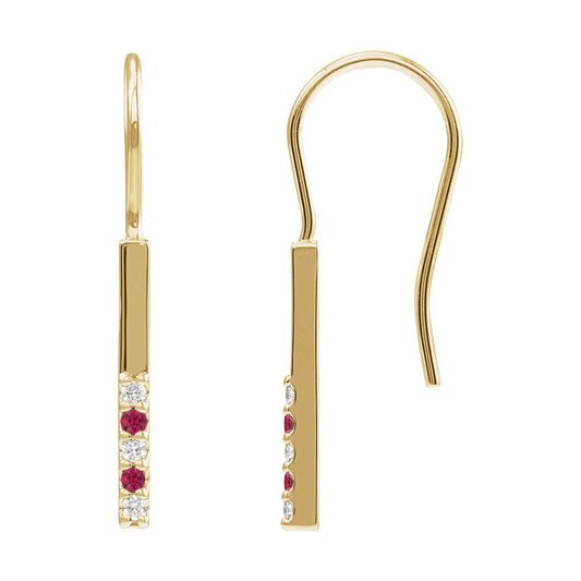 14K Yellow Gold Natural Ruby & .08 CTW Natural Diamond Bar Earrings