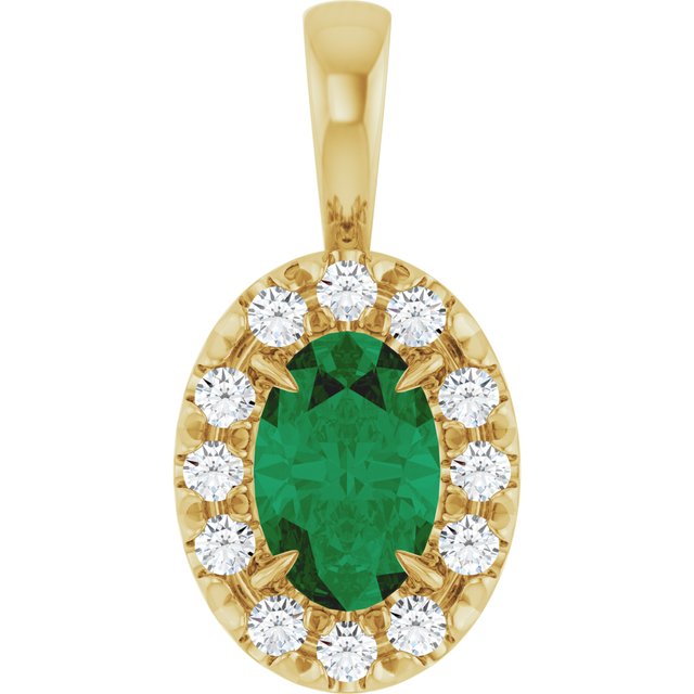 14K Yellow Gold 6x4 mm Natural Emerald & 1/10 CTW Natural Diamond Halo-Style Pendant