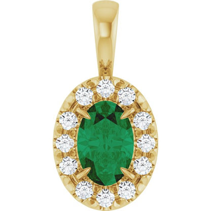 14K Yellow Gold 6x4 mm Natural Emerald & 1/10 CTW Natural Diamond Halo-Style Pendant