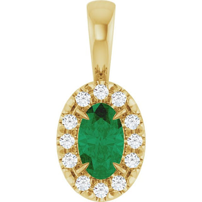 14K Yellow Gold 5x3 mm Lab-Grown Emerald & .05 CTW Natural Diamond Halo-Style Pendant