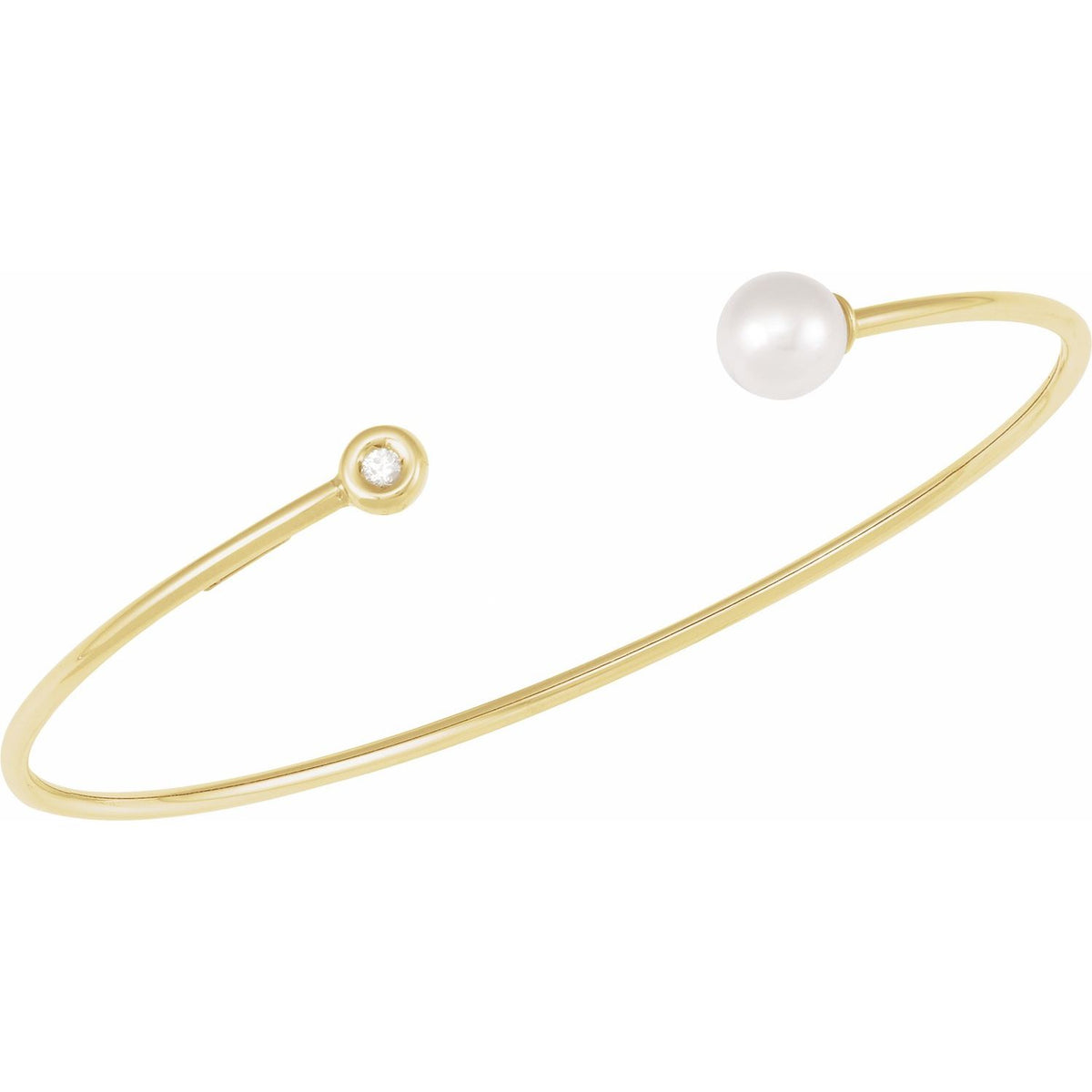 14K Yellow Gold Cultured White Freshwater Pearl & .03 CT Natural Diamond Cuff 7" Bracelet