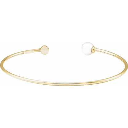 14K Yellow Gold Cultured White Freshwater Pearl & .03 CT Natural Diamond Cuff 7" Bracelet