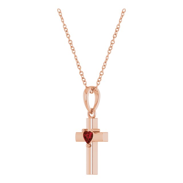 14K Rose Gold Natural Mozambique Garnet Heart Cross 16-18" Necklace