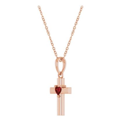 14K Rose Gold Natural Mozambique Garnet Heart Cross 16-18" Necklace