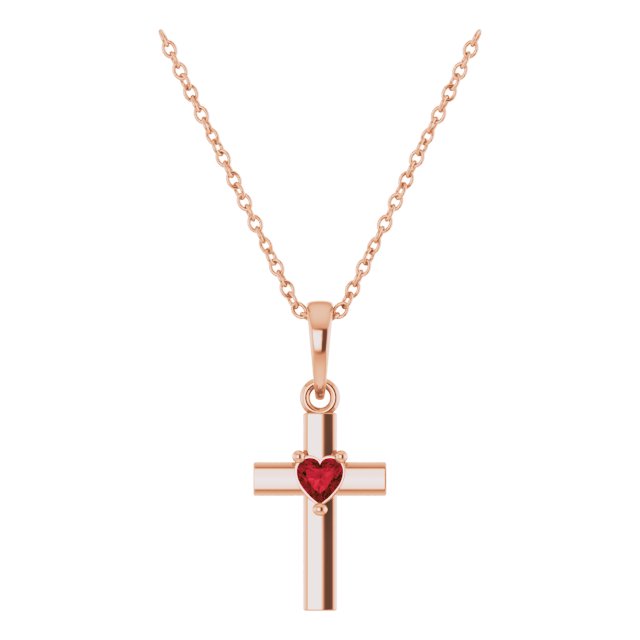 14K Rose Gold Natural Mozambique Garnet Heart Cross 16-18" Necklace