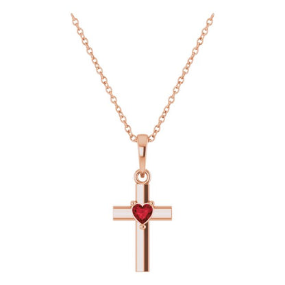 14K Rose Gold Natural Mozambique Garnet Heart Cross 16-18" Necklace