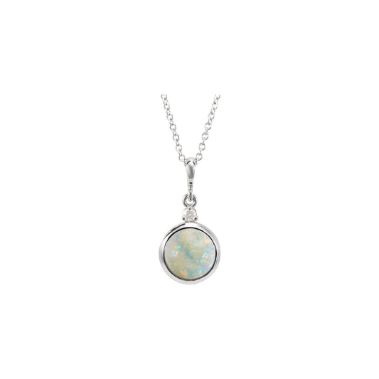 14K White Gold Natural White Opal & .03 CT Natural Diamond Cabochon 16-18" Necklace