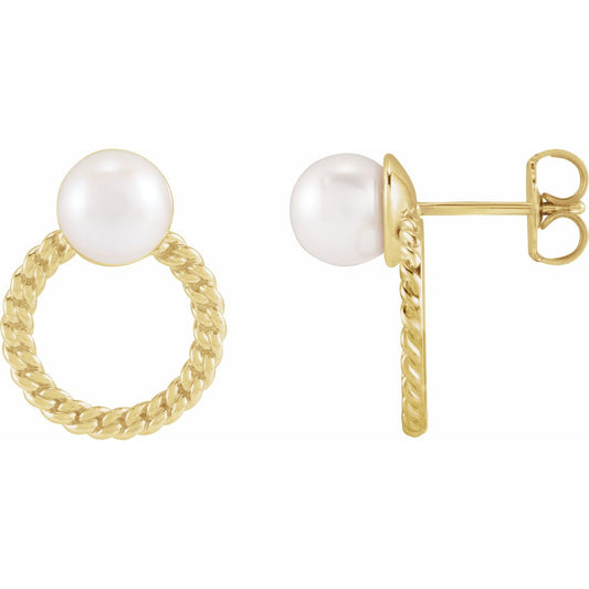 14K Yellow Gold Cultured White Akoya Pearl & Curb Chain Earrings