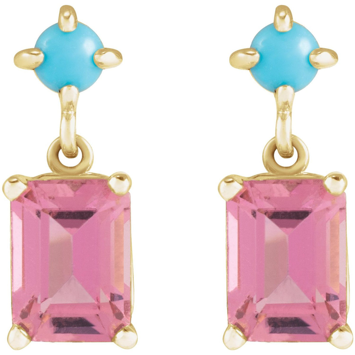 14K Yellow Gold Natural Pink Tourmaline & Natural Turquoise Earrings