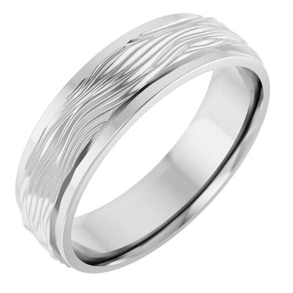 14K X1 White Gold Stepped-Edge Textured Comfort-Fit Flat Band, 6 mm
