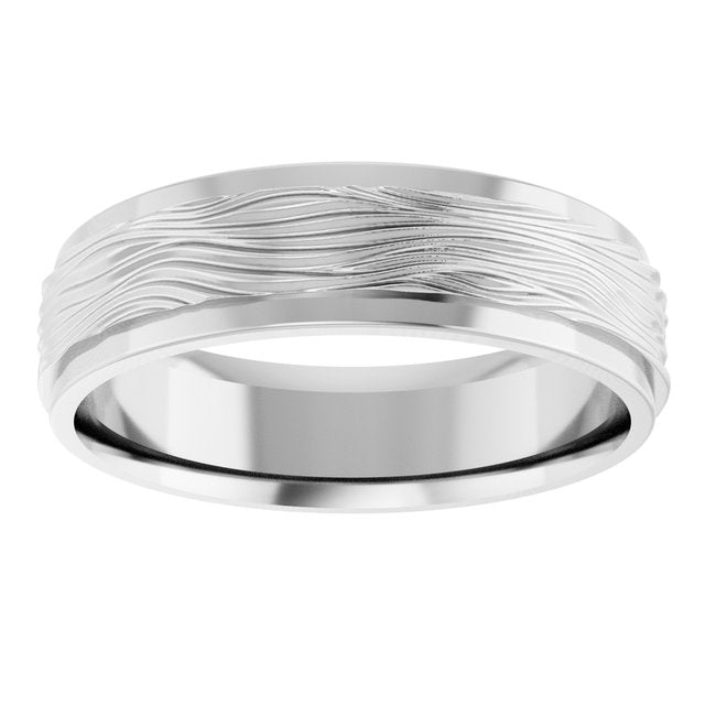 14K X1 White Gold Stepped-Edge Textured Comfort-Fit Flat Band, 6 mm