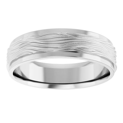 14K X1 White Gold Stepped-Edge Textured Comfort-Fit Flat Band, 6 mm