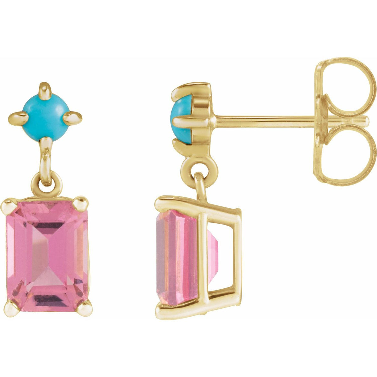 14K Yellow Gold Natural Pink Tourmaline & Natural Turquoise Earrings