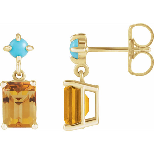 14K Yellow Gold Natural Citrine & Natural Turquoise Earrings