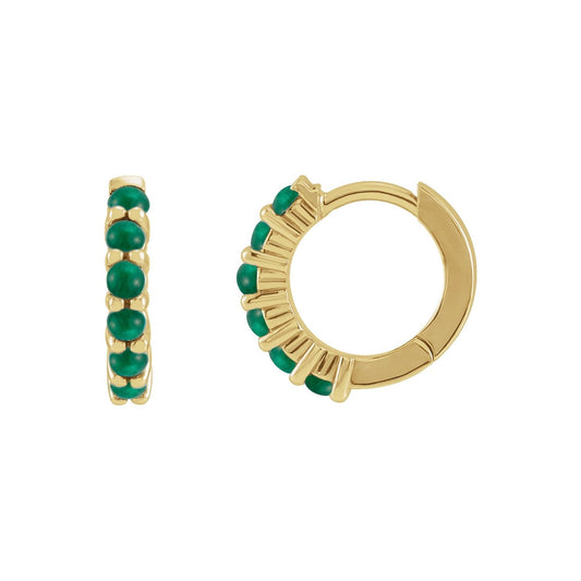 14K Yellow Gold Natural Emerald Cabochon Hinged Hoop Earrings