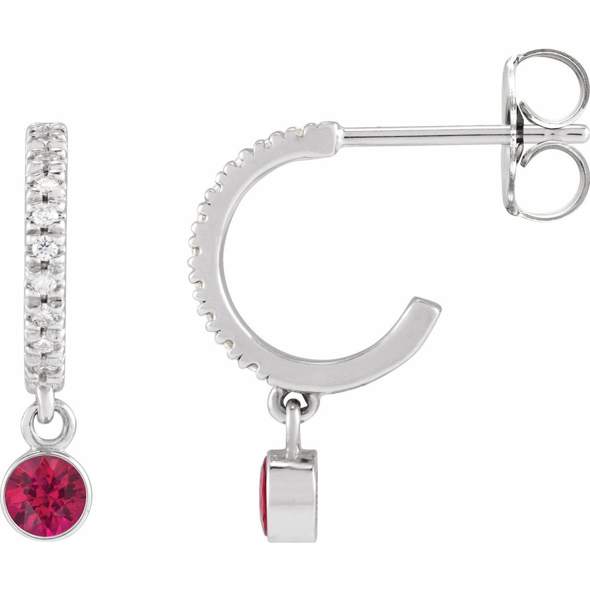 14K White Gold Natural Ruby & Natural Diamond French-Set Hoop Earrings