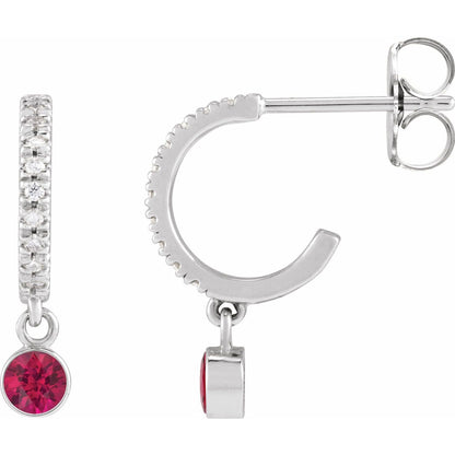 14K White Gold Natural Ruby & Natural Diamond French-Set Hoop Earrings