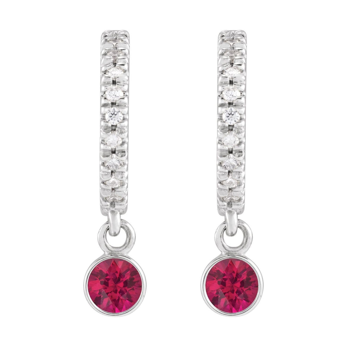 14K White Gold Natural Ruby & Natural Diamond French-Set Hoop Earrings