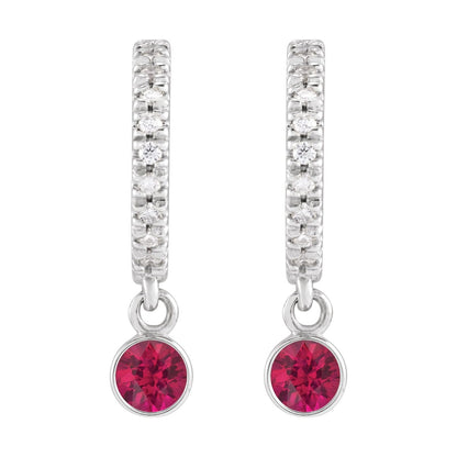 14K White Gold Natural Ruby & Natural Diamond French-Set Hoop Earrings