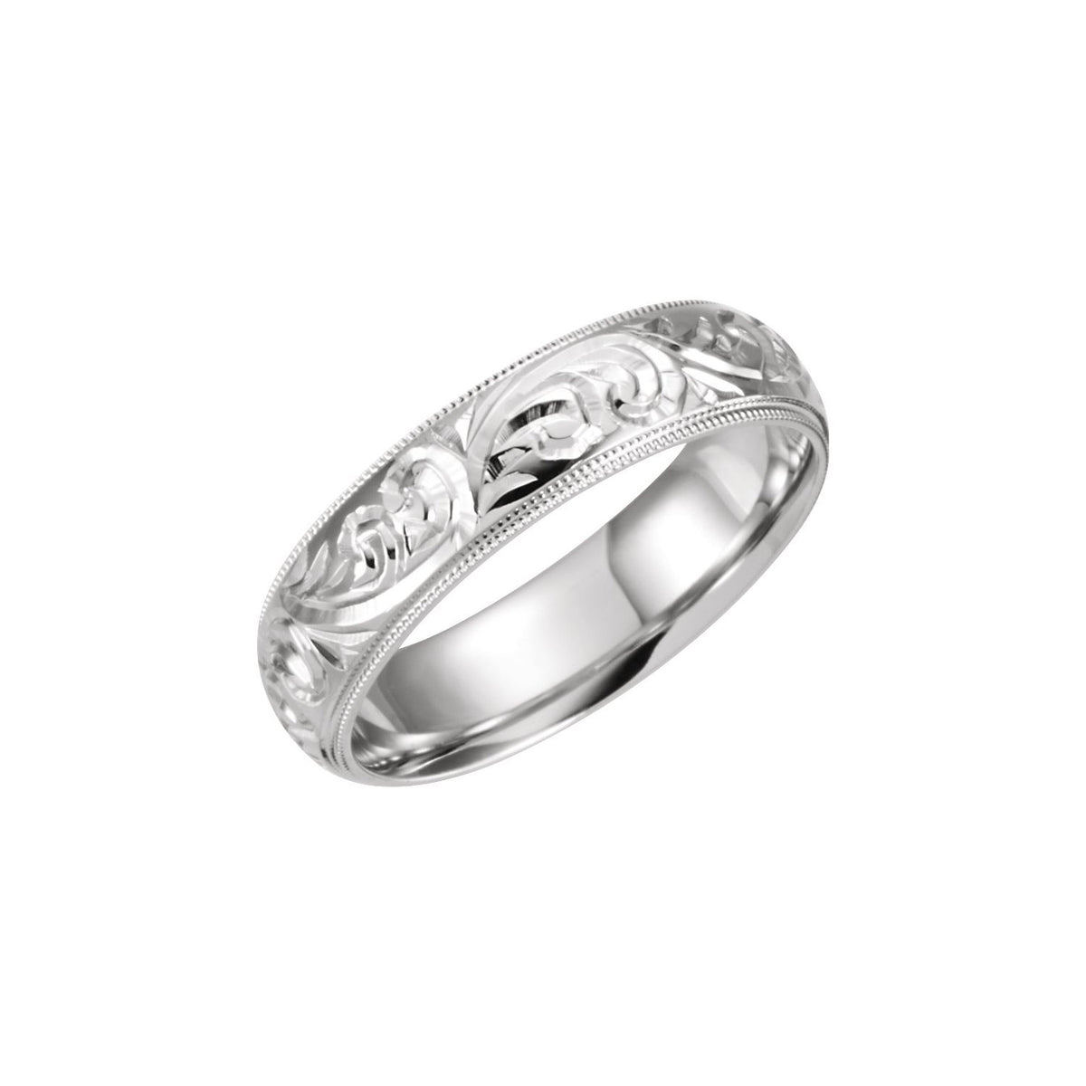 14K White Gold Hand-Engraved Milgrain Stepped-Edge Sculptural Comfort-Fit Half Round Band
