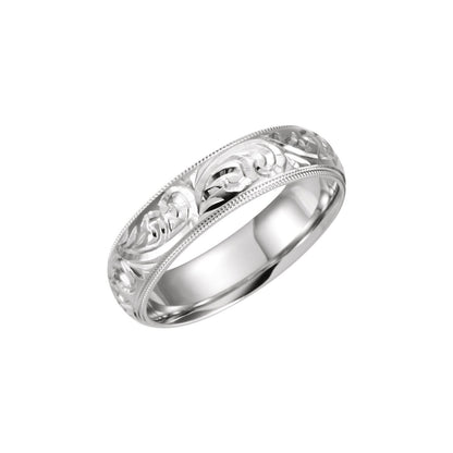 14K White Gold Hand-Engraved Milgrain Stepped-Edge Sculptural Comfort-Fit Half Round Band
