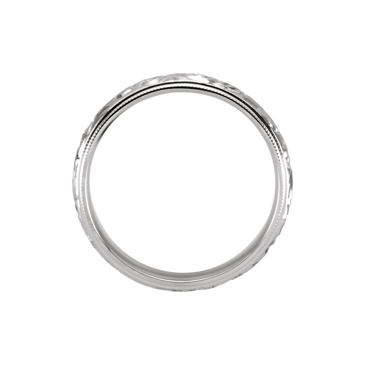 14K White Gold Hand-Engraved Milgrain Stepped-Edge Sculptural Comfort-Fit Half Round Band