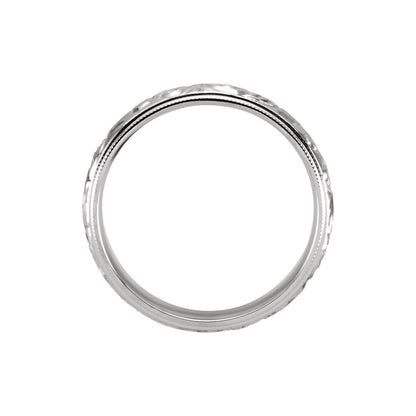 14K White Gold Hand-Engraved Milgrain Stepped-Edge Sculptural Comfort-Fit Half Round Band