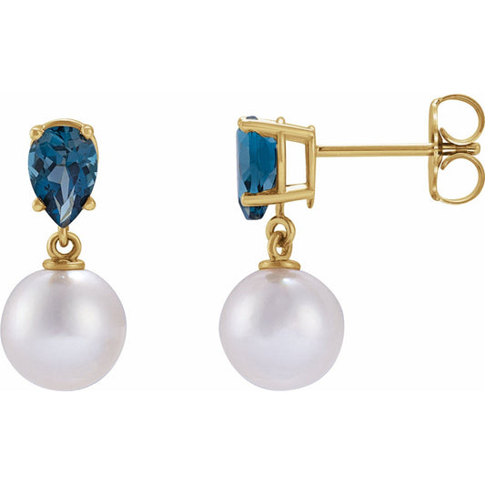 Cultured White Akoya Pearl & Natural London Blue Topaz Earrings