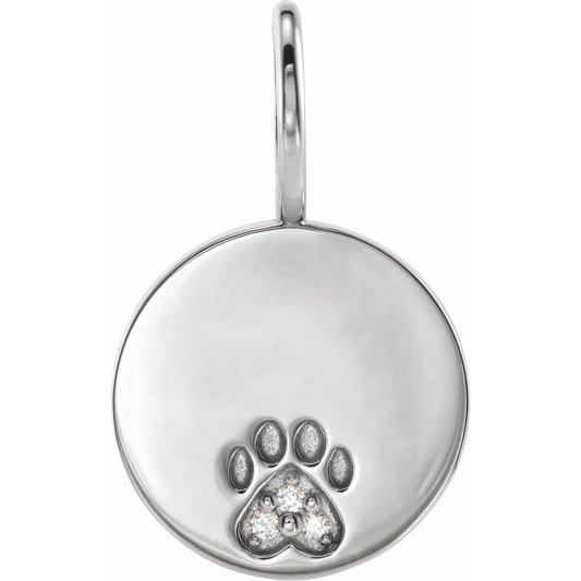 14K White Gold .01 CTW Natural Diamond Engravable Paw Print Charm/Pendant