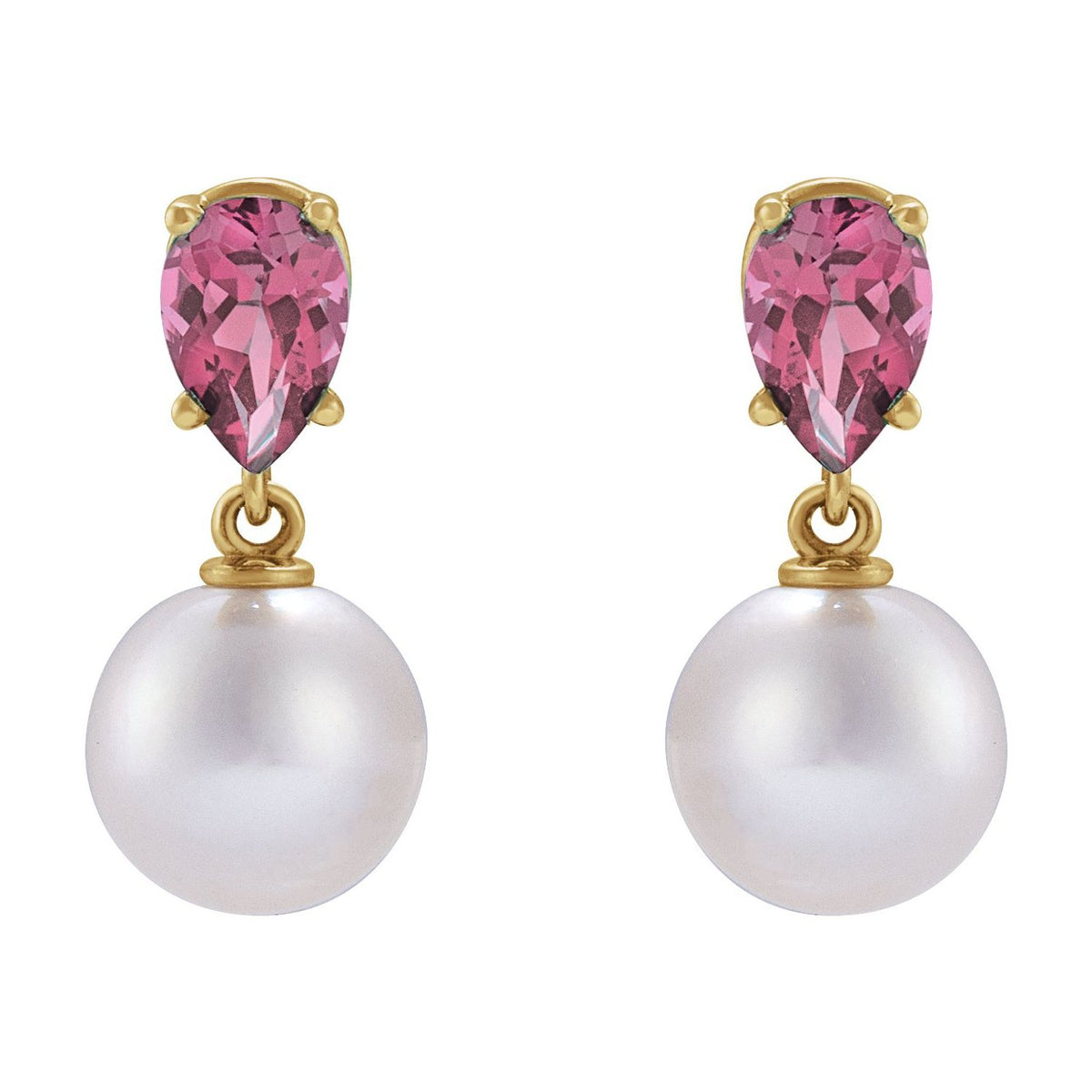 14K Yellow Gold Cultured White Akoya Pearl & Natural Pink Tourmaline Earrings
