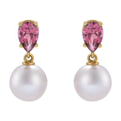14K Yellow Gold Cultured White Akoya Pearl & Natural Pink Tourmaline Earrings