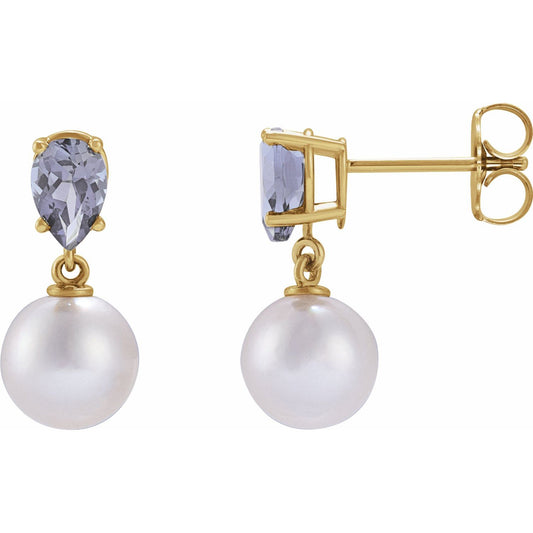 Cultured White Akoya Pearl & Natural Tanzanite Earrings
