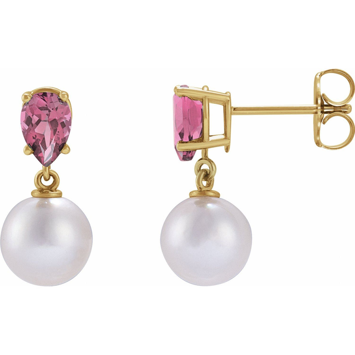14K Yellow Gold Cultured White Akoya Pearl & Natural Pink Tourmaline Earrings