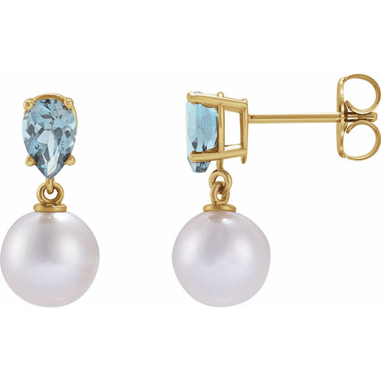 Cultured White Akoya Pearl & Natural Aquamarine Earrings