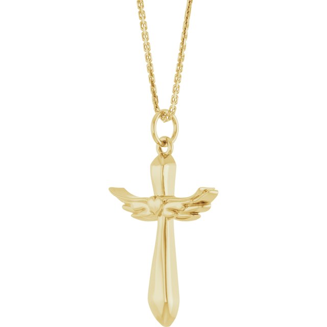 14K Yellow Gold Angel Wings Heart Cross 18" Necklace