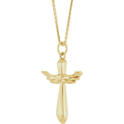 14K Yellow Gold Angel Wings Heart Cross 18" Necklace