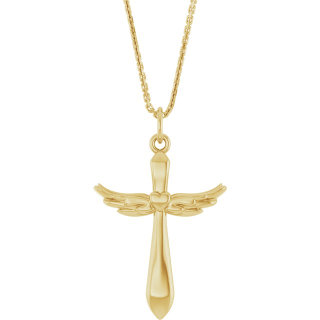 14K Yellow Gold Angel Wings Heart Cross 18" Necklace