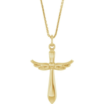 14K Yellow Gold Angel Wings Heart Cross 18" Necklace