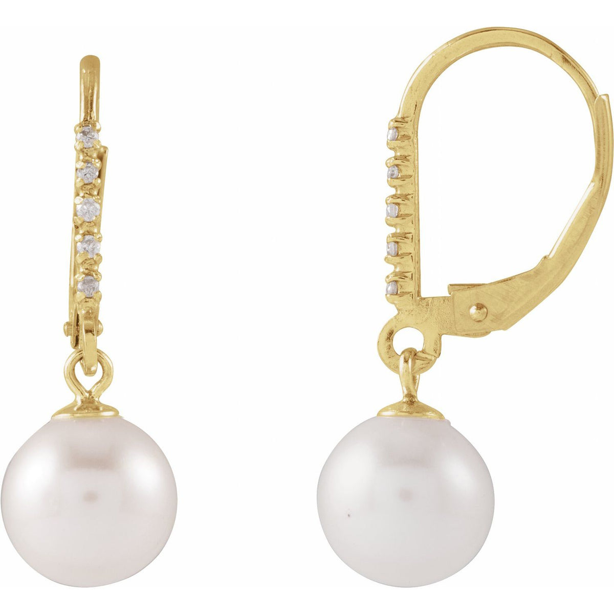 14K Yellow Gold Cultured White Freshwater Pearl & .05 CTW Natural Diamond Lever Back Earrings