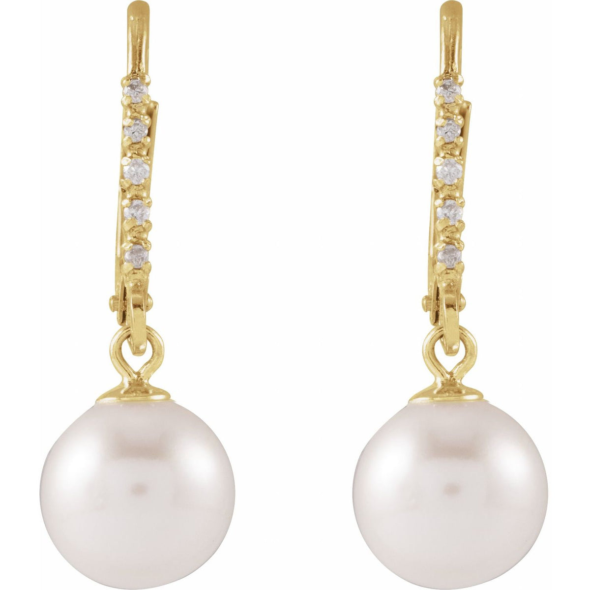 14K Yellow Gold Cultured White Freshwater Pearl & .05 CTW Natural Diamond Lever Back Earrings