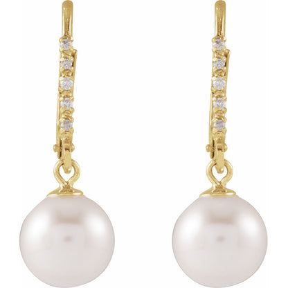 14K Yellow Gold Cultured White Freshwater Pearl & .05 CTW Natural Diamond Lever Back Earrings