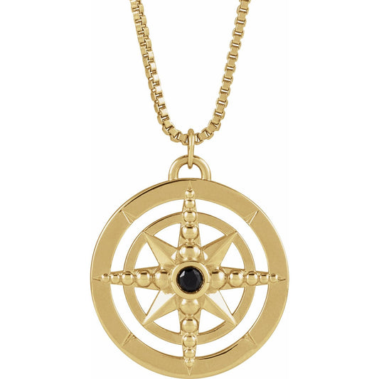 14K Yellow Gold Natural Black Onyx Compass 20" Necklace