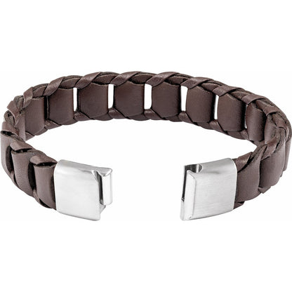 Stainless Steel Brown Leather 8 1/2" Bracelet (BRC947)