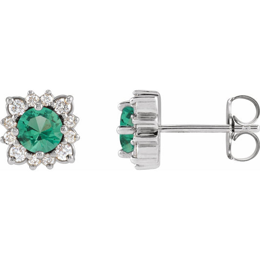 14K White Gold Natural Emerald & .08 CTW Natural Diamond Halo-Style Earrings