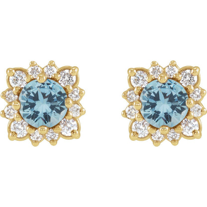 14K Yellow Gold Natural Aquamarine & 1/5 CTW Natural Diamond Halo-Style Earrings