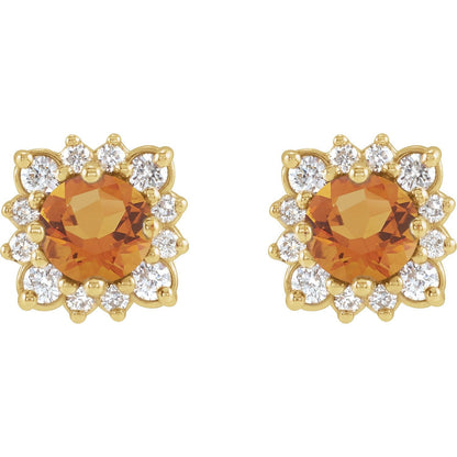 14K Yellow Gold Natural Citrine & 1/5 CTW Natural Diamond Halo-Style Earrings