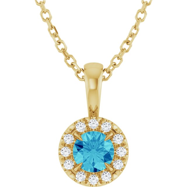 14K Yellow Gold Natural Blue Zircon & .05 CTW Natural Diamond 16-18" Necklace